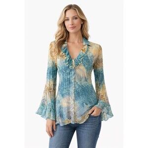 Jaipur Women’s Boho Beach Blouse M Blue Sheer Beaded Sequin Bell Sleeve Coastal